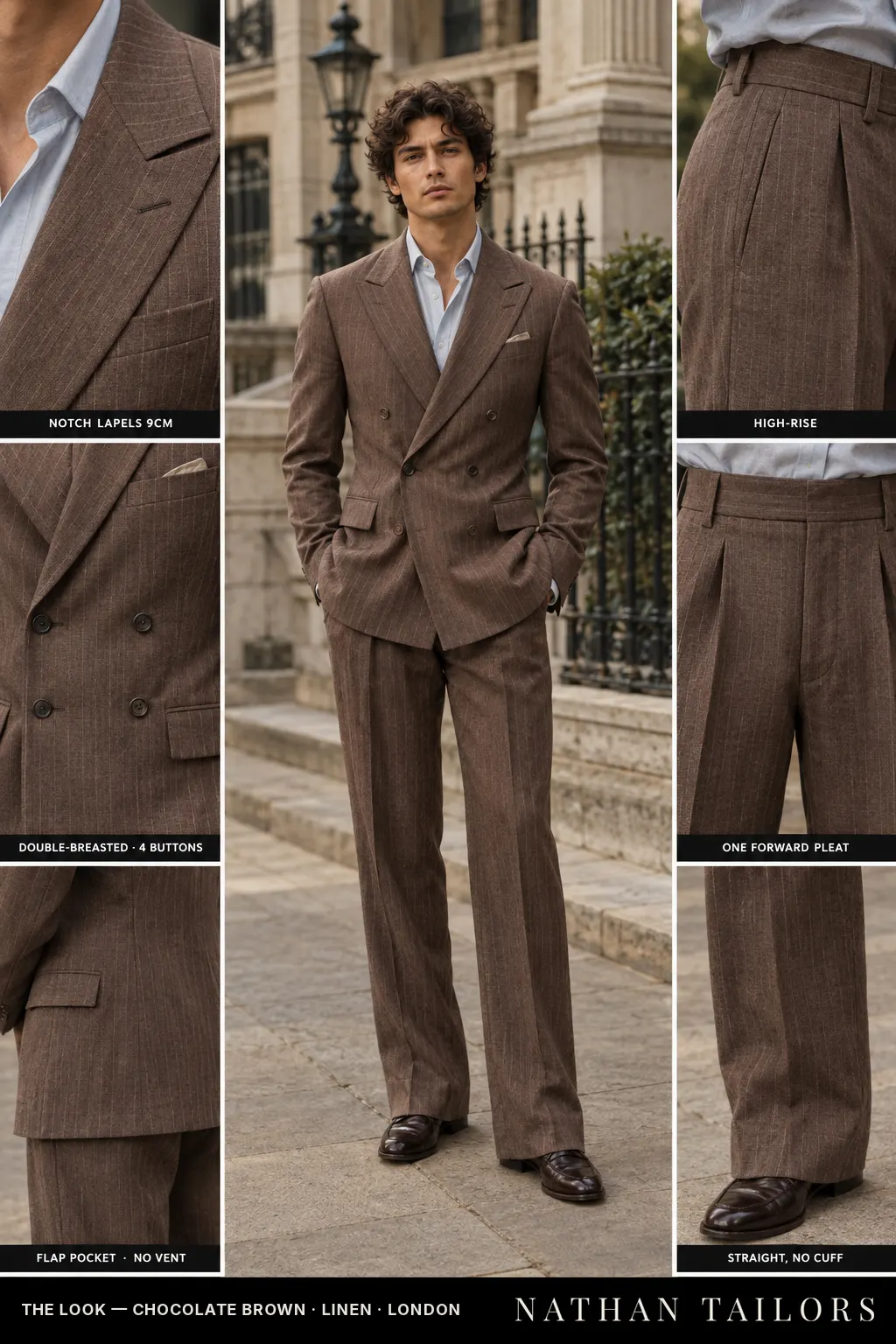 chocolate brown pinstripe double-breasted notch-lapel bespoke suit — AI-rendered by Nathan Tailors, the Hoi An custom tailor. Available as a custom tailored suit from $149.