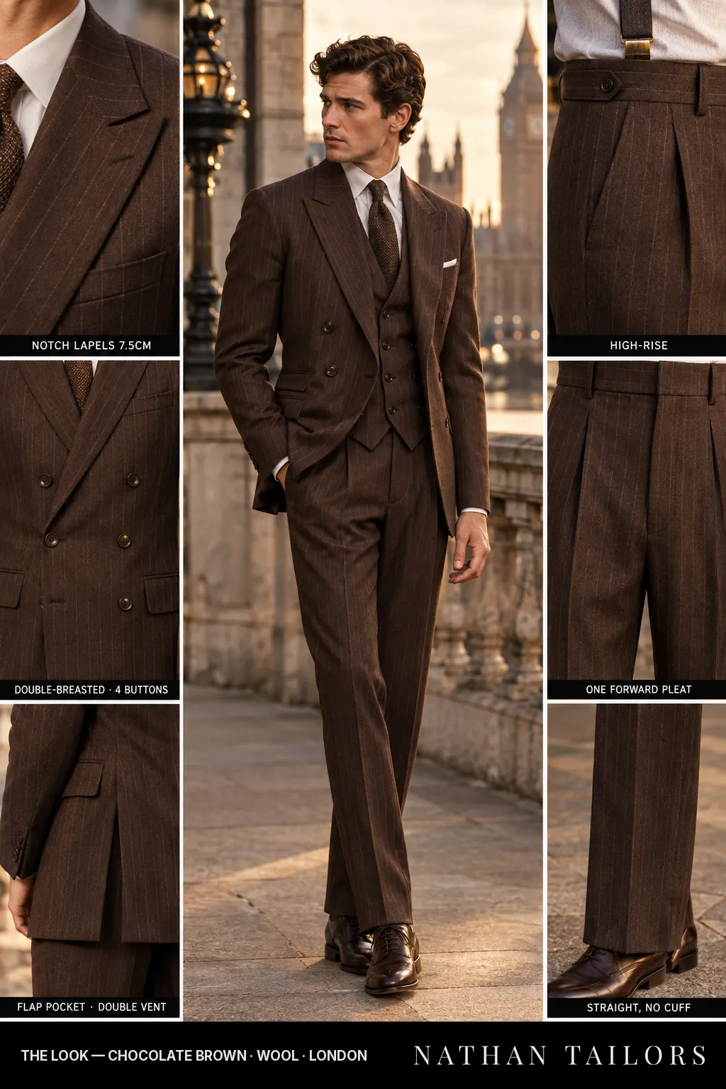 chocolate brown pinstripe double-breasted bespoke suit — custom tailored by Nathan Tailors, the Hoi An custom tailor