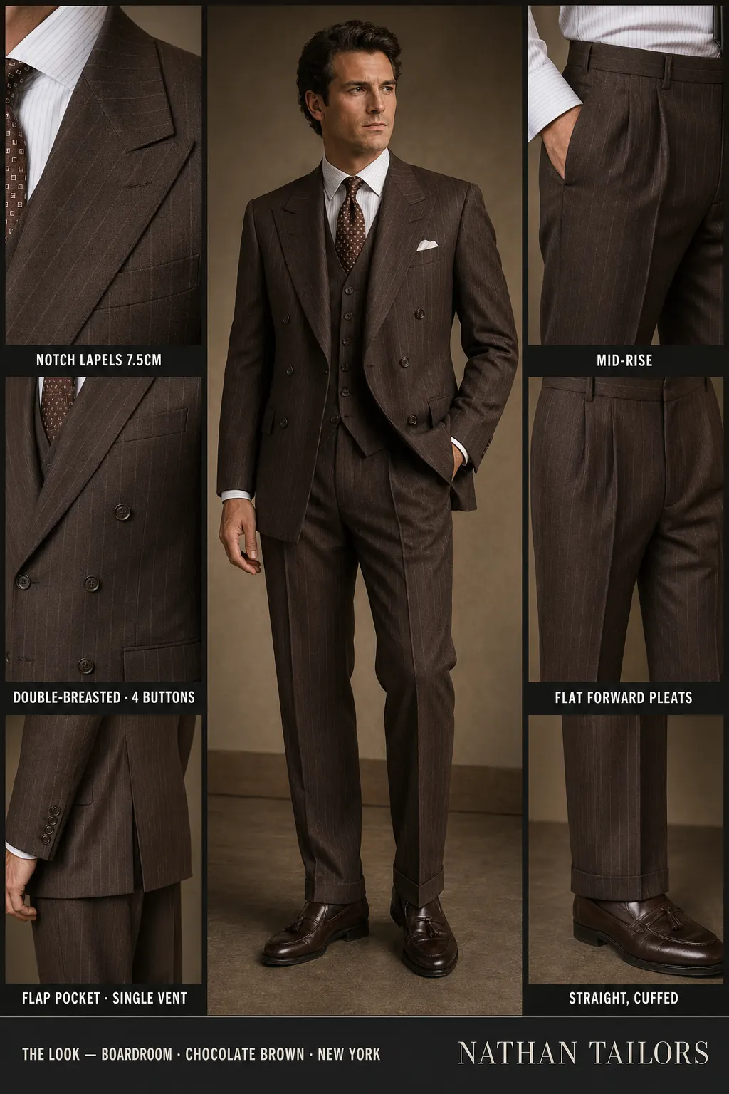 chocolate brown pinstripe double-breasted notch-lapel bespoke suit — AI-rendered by Nathan Tailors, the Hoi An custom tailor. Available as a custom tailored suit from $149.