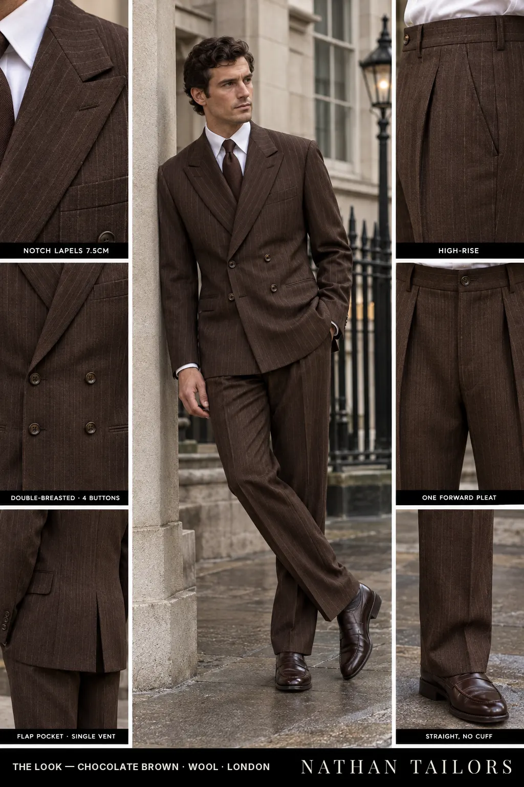 chocolate brown pinstripe double-breasted notch-lapel bespoke suit — AI-rendered by Nathan Tailors, the Hoi An custom tailor. Available as a custom tailored suit from $169.