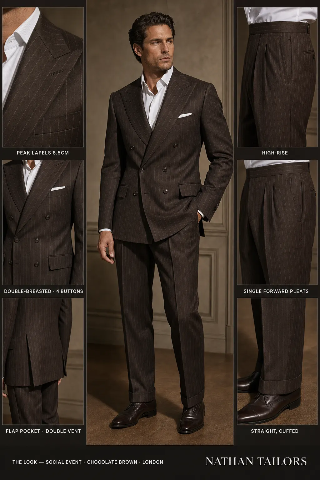 chocolate brown pinstripe double-breasted peak-lapel bespoke suit — AI-rendered by Nathan Tailors, the Hoi An custom tailor. Available as a custom tailored suit from $149.
