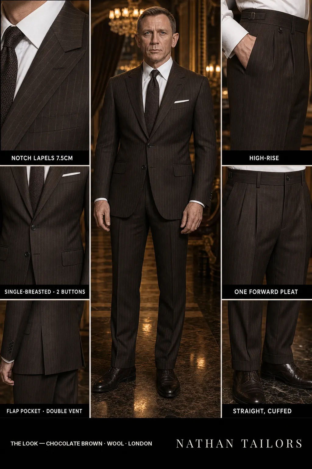 chocolate brown pinstripe single-breasted notch-lapel bespoke suit — AI-rendered by Nathan Tailors, the Hoi An custom tailor. Available as a custom tailored suit from $149.