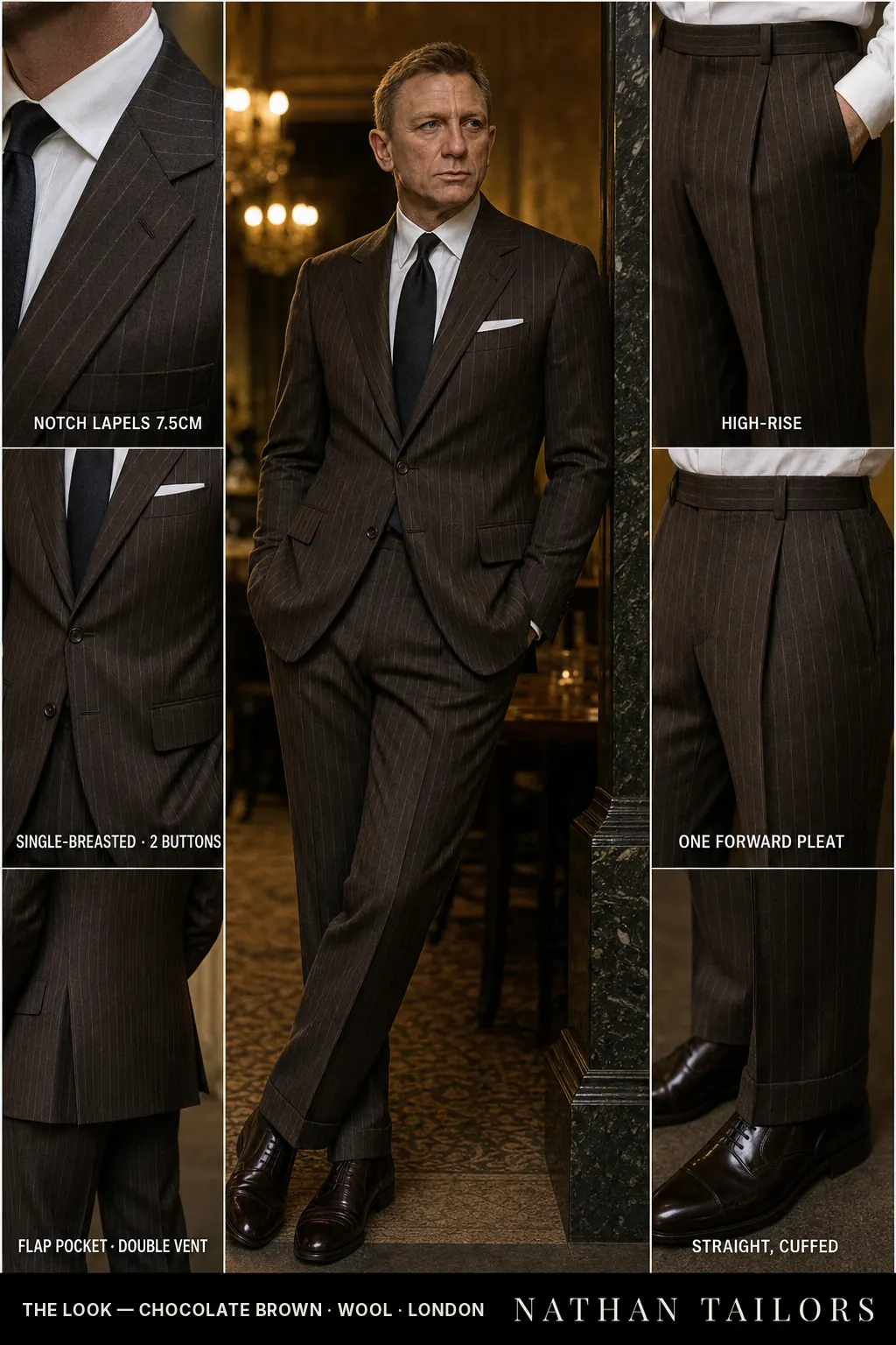 chocolate brown pinstripe single-breasted notch-lapel bespoke suit โ AI-rendered by Nathan Tailors, the Hoi An custom tailor. Available as a custom tailored suit from $149.