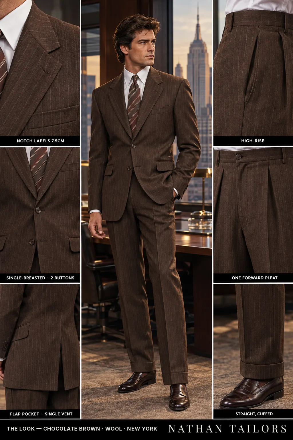 chocolate brown pinstripe single-breasted bespoke suit โ custom tailored by Nathan Tailors, the Hoi An custom tailor