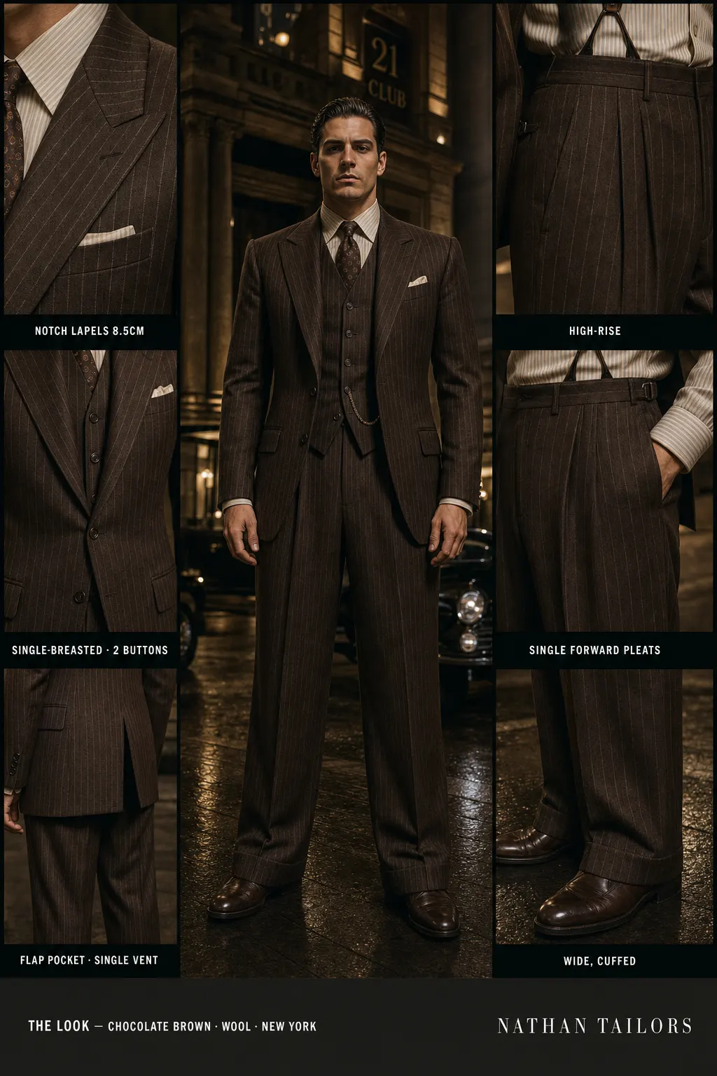 chocolate brown pinstripe single-breasted notch-lapel bespoke suit — AI-rendered by Nathan Tailors, the Hoi An custom tailor. Available as a custom tailored suit from $149.