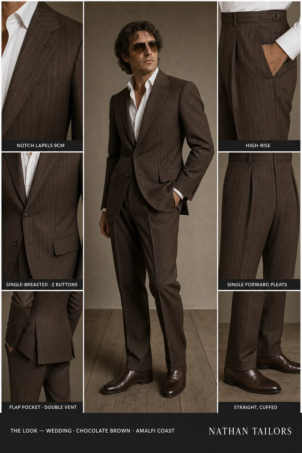 chocolate brown pinstripe single-breasted notch-lapel bespoke suit โ AI-rendered by Nathan Tailors, the Hoi An custom tailor. Available as a custom tailored suit from $149.
