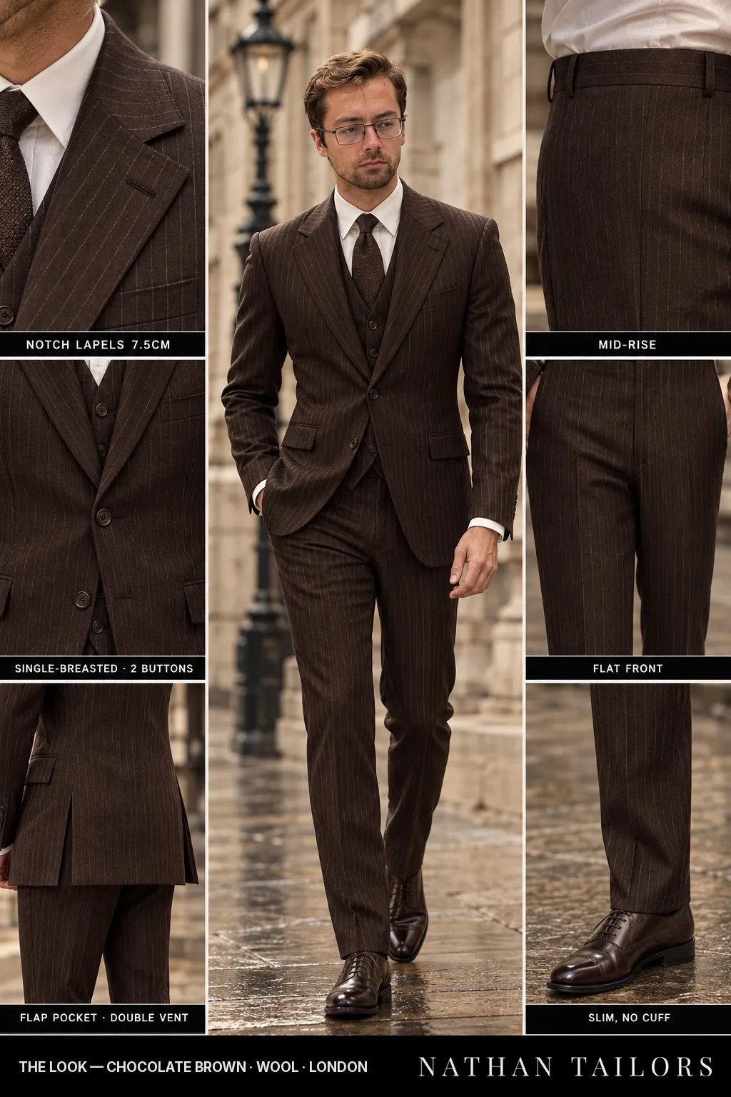 chocolate brown pinstripe single-breasted bespoke suit — custom tailored by Nathan Tailors, the Hoi An custom tailor