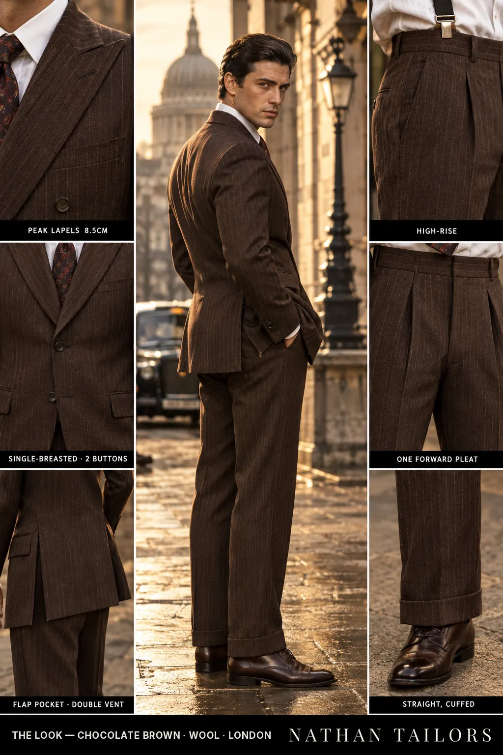 chocolate brown pinstripe single-breasted bespoke suit โ custom tailored by Nathan Tailors, the Hoi An custom tailor