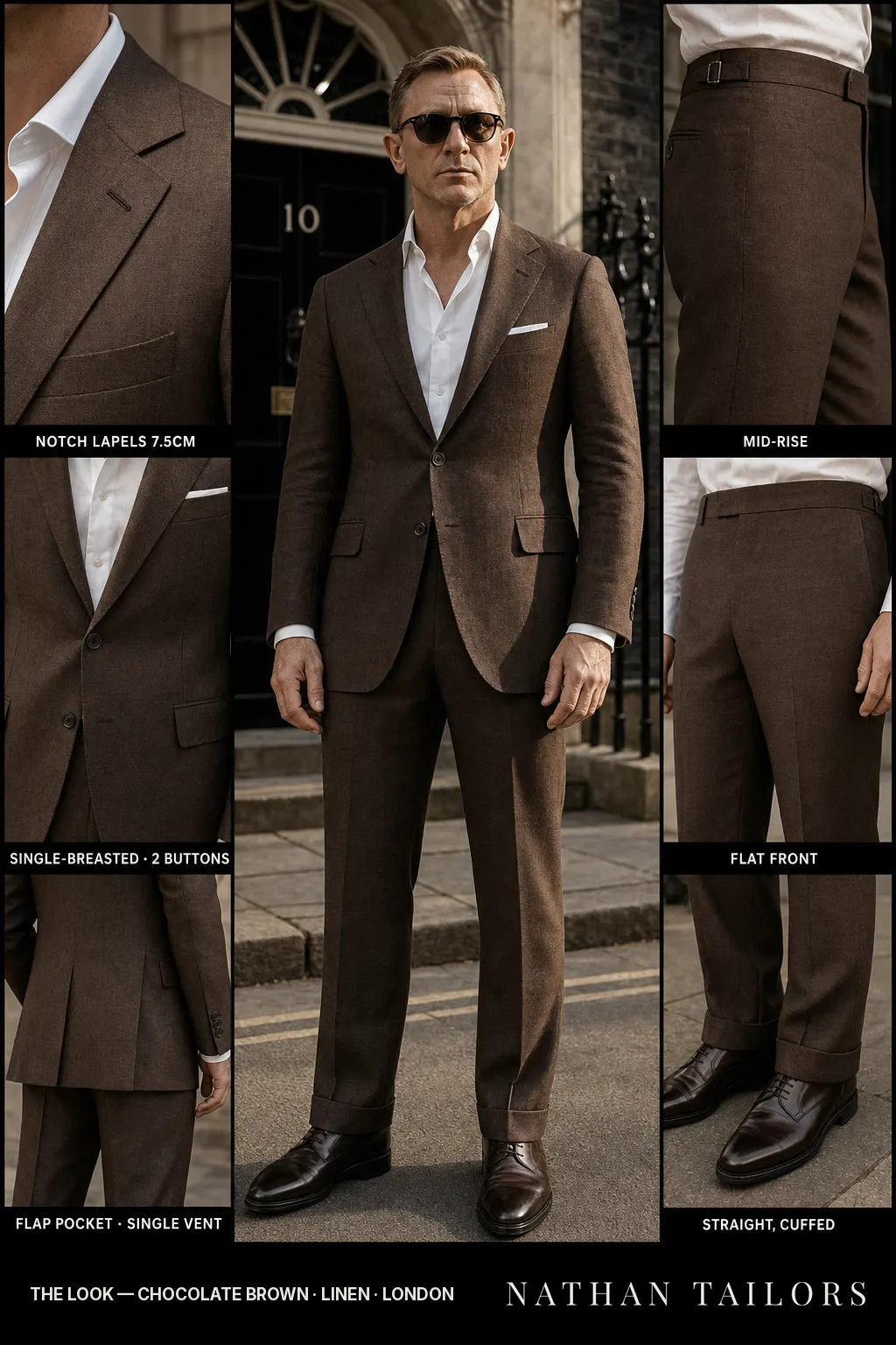 chocolate brown single-breasted notch-lapel bespoke suit — AI-rendered by Nathan Tailors, the Hoi An custom tailor. Available as a custom tailored suit from $149.