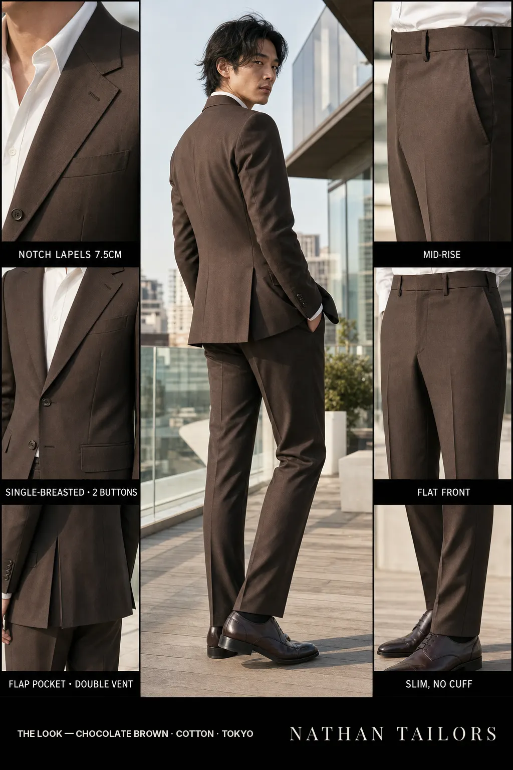 chocolate brown single-breasted notch-lapel bespoke suit — AI-rendered by Nathan Tailors, the Hoi An custom tailor. Available as a custom tailored suit from $149.
