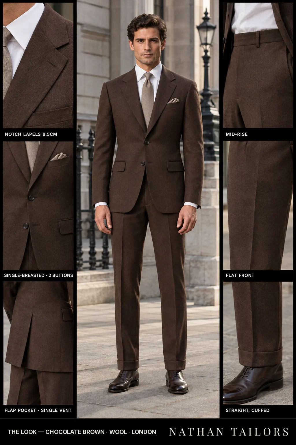 chocolate brown single-breasted bespoke suit โ custom tailored by Nathan Tailors, the Hoi An custom tailor