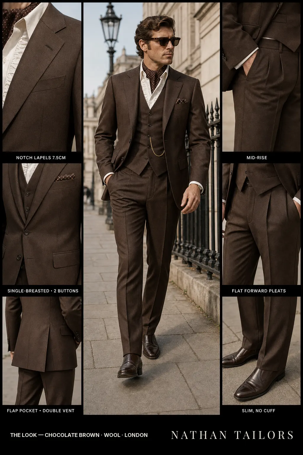 chocolate brown single-breasted notch-lapel bespoke suit โ AI-rendered by Nathan Tailors, the Hoi An custom tailor. Available as a custom tailored suit from $149.