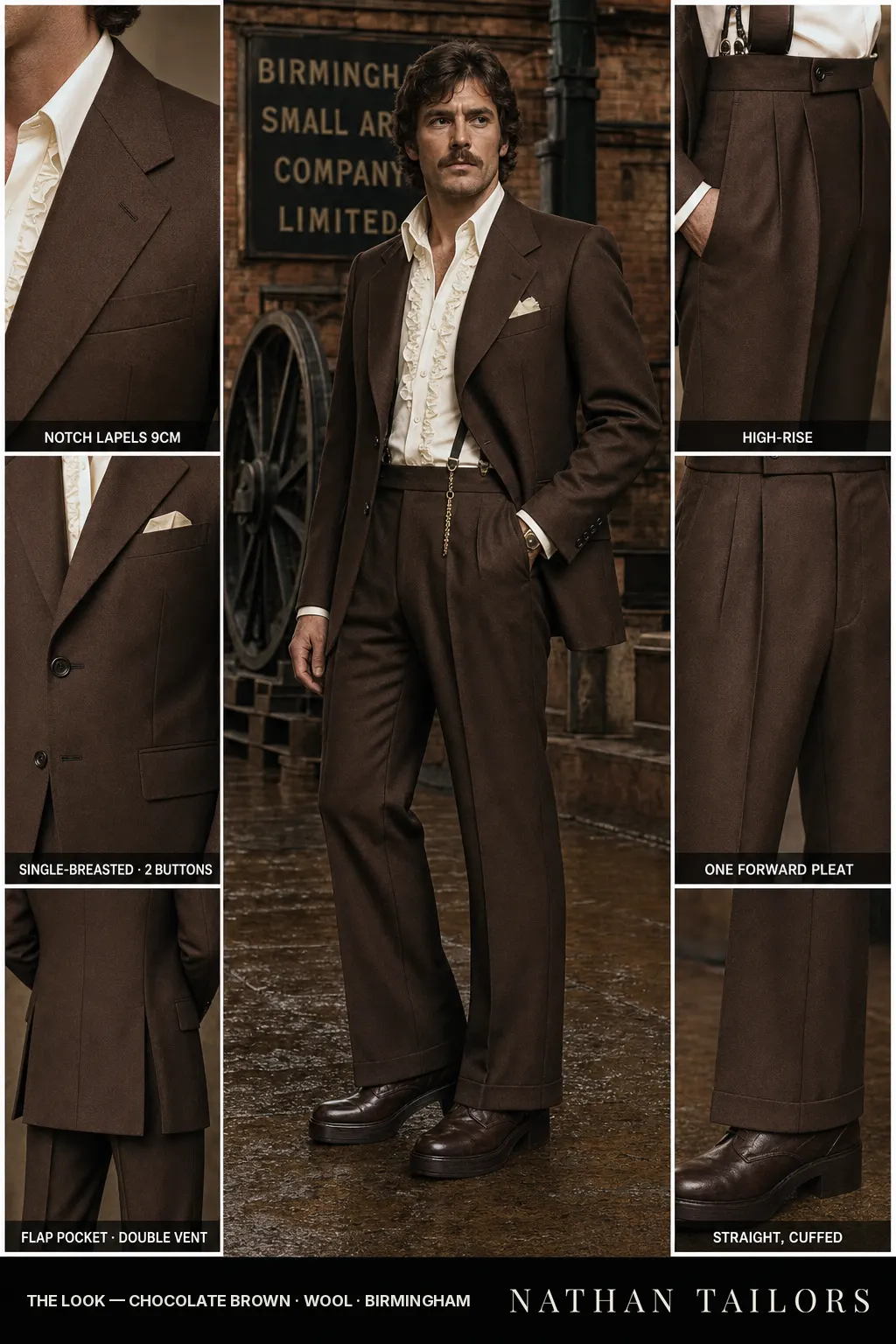 chocolate brown single-breasted notch-lapel bespoke suit โ AI-rendered by Nathan Tailors, the Hoi An custom tailor. Available as a custom tailored suit from $149.