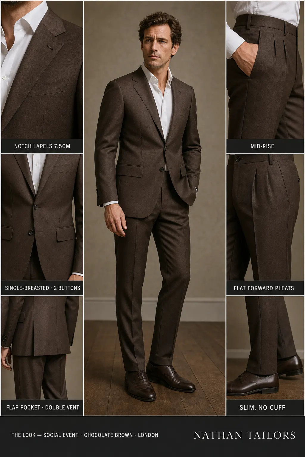 chocolate brown single-breasted notch-lapel bespoke suit โ AI-rendered by Nathan Tailors, the Hoi An custom tailor. Available as a custom tailored suit from $149.