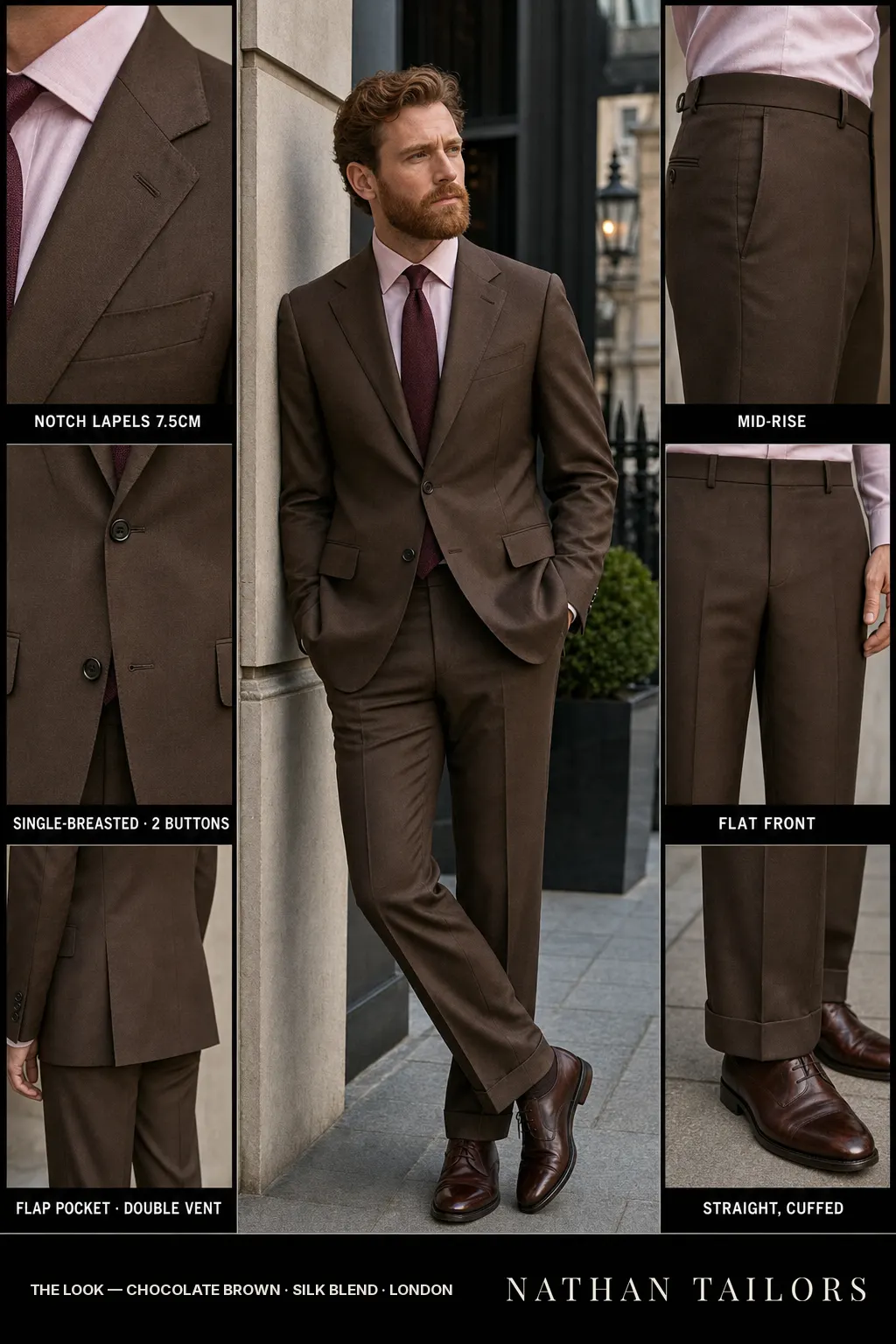 chocolate brown single-breasted bespoke suit — custom tailored by Nathan Tailors, the Hoi An custom tailor