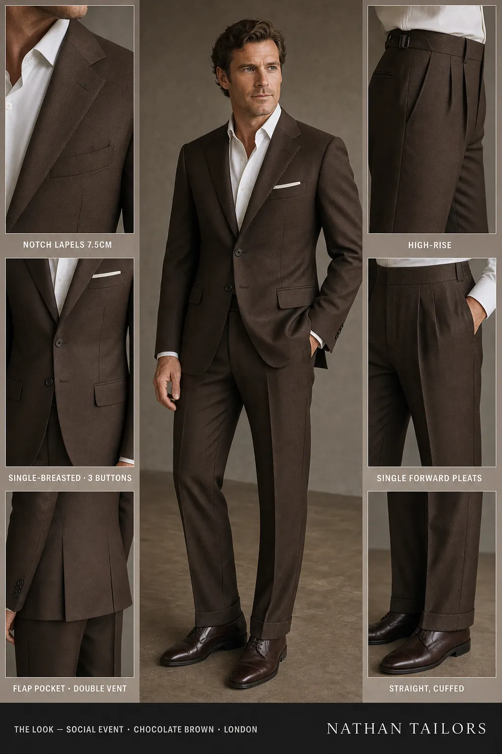 chocolate brown single-breasted notch-lapel bespoke suit โ AI-rendered by Nathan Tailors, the Hoi An custom tailor. Available as a custom tailored suit from $149.