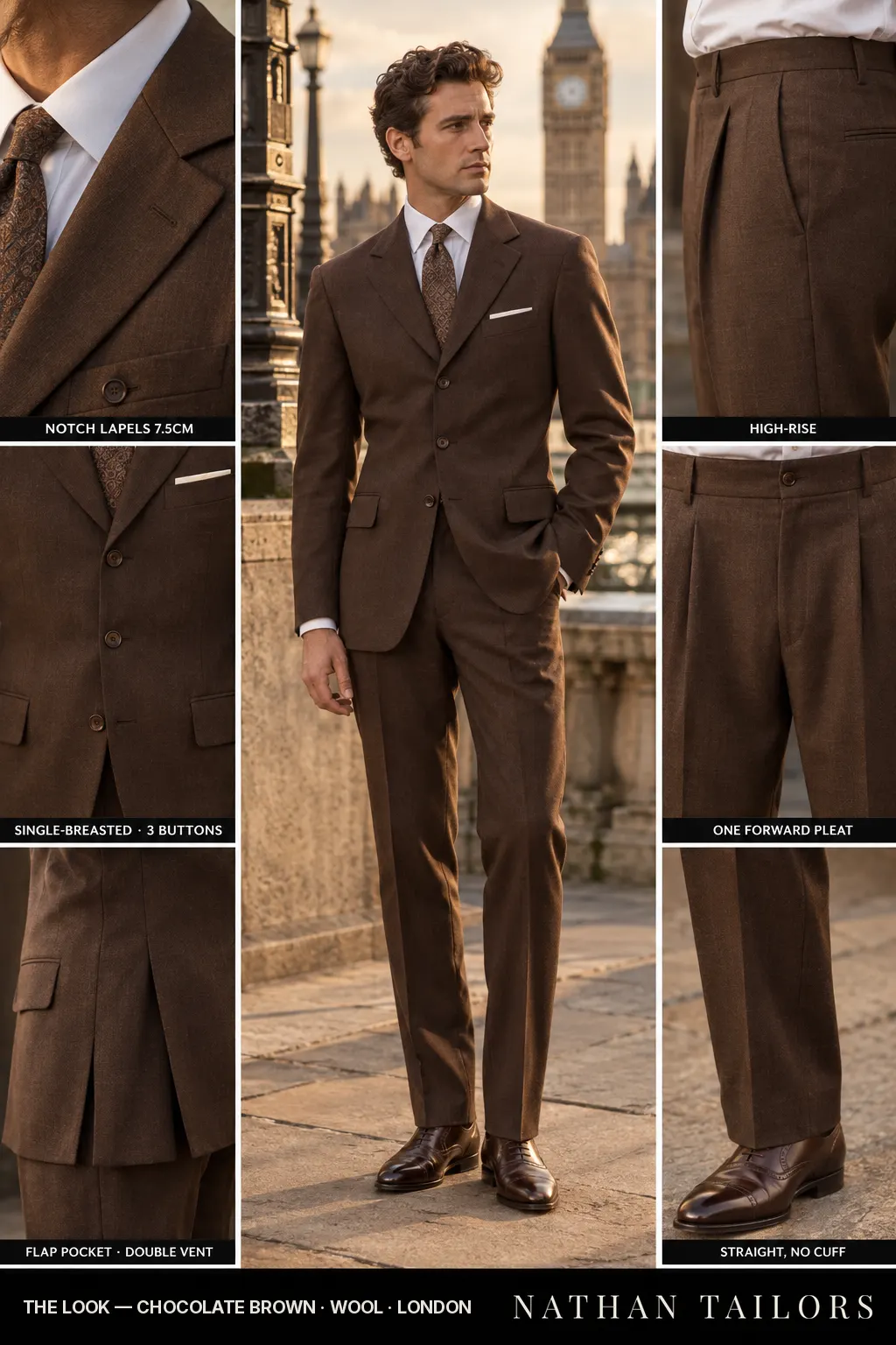 chocolate brown single-breasted bespoke suit โ custom tailored by Nathan Tailors, the Hoi An custom tailor