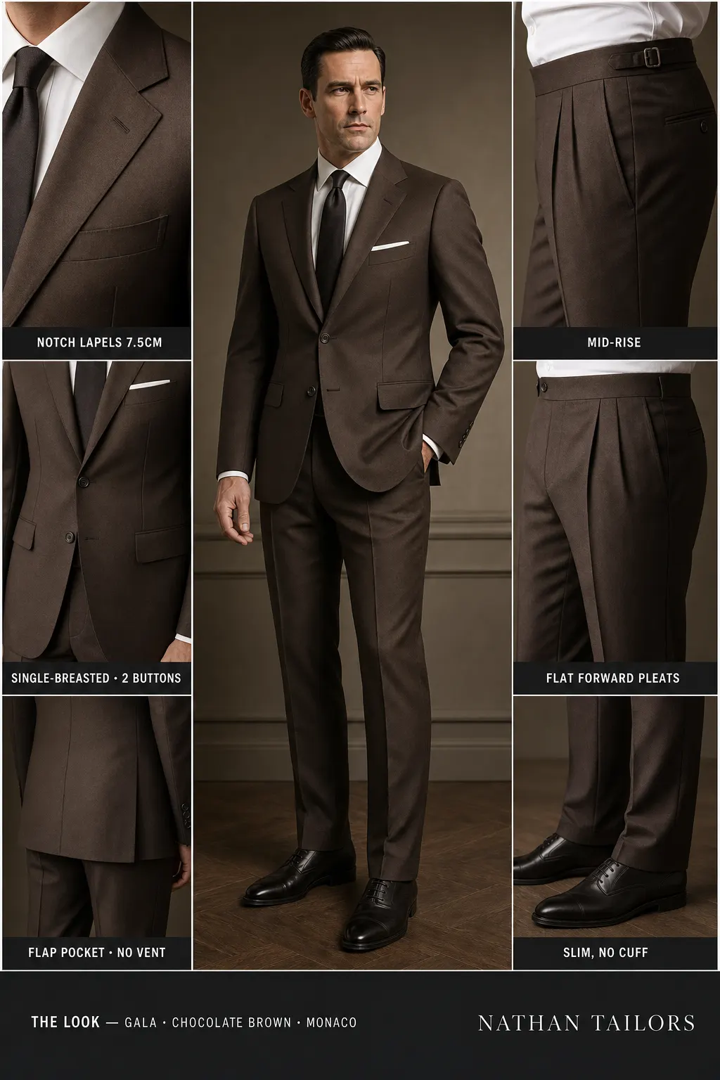 chocolate brown single-breasted notch-lapel bespoke suit โ AI-rendered by Nathan Tailors, the Hoi An custom tailor. Available as a custom tailored suit from $149.