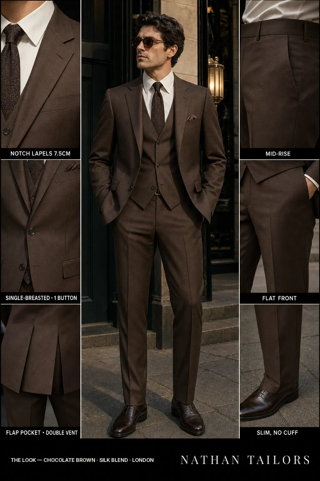 chocolate brown single-breasted notch-lapel bespoke suit — AI-rendered by Nathan Tailors, the Hoi An custom tailor. Available as a custom tailored suit from $149.