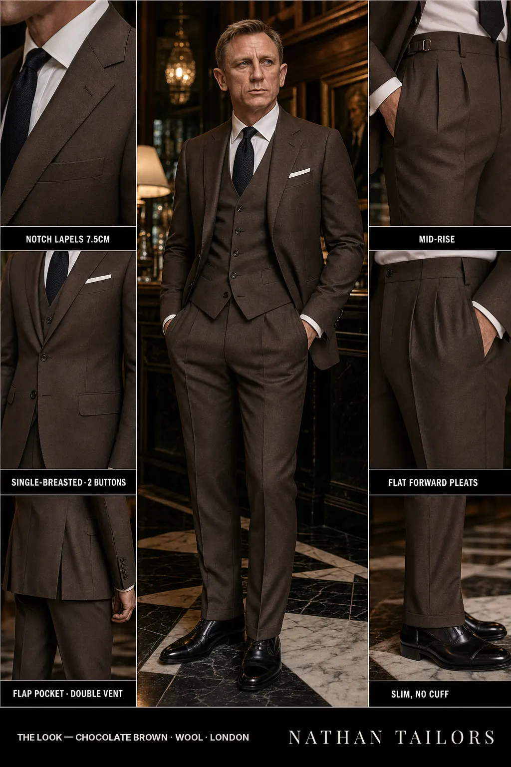 chocolate brown single-breasted notch-lapel bespoke suit โ AI-rendered by Nathan Tailors, the Hoi An custom tailor. Available as a custom tailored suit from $149.
