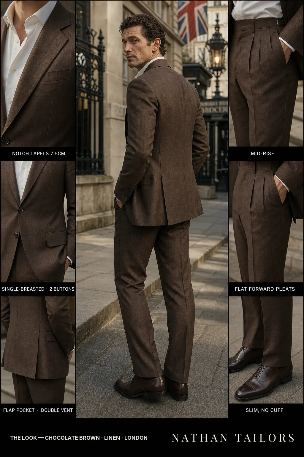 chocolate brown single-breasted notch-lapel bespoke suit — AI-rendered by Nathan Tailors, the Hoi An custom tailor. Available as a custom tailored suit from $149.