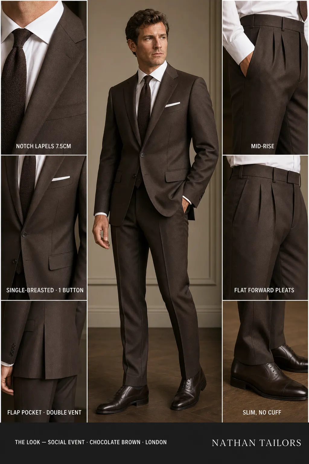 chocolate brown single-breasted notch-lapel bespoke suit — AI-rendered by Nathan Tailors, the Hoi An custom tailor. Available as a custom tailored suit from $149.