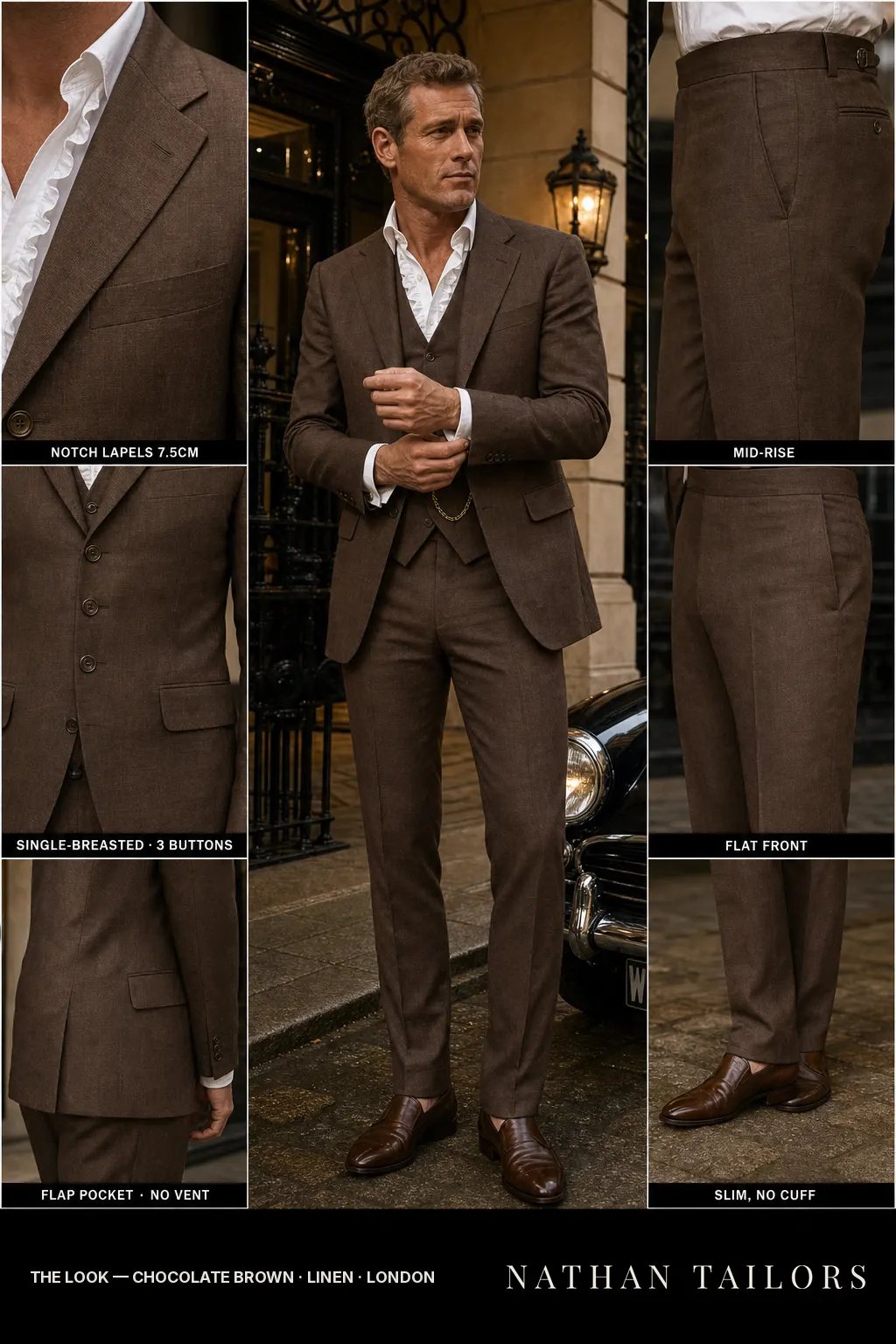 chocolate brown single-breasted notch-lapel bespoke suit — AI-rendered by Nathan Tailors, the Hoi An custom tailor. Available as a custom tailored suit from $149.