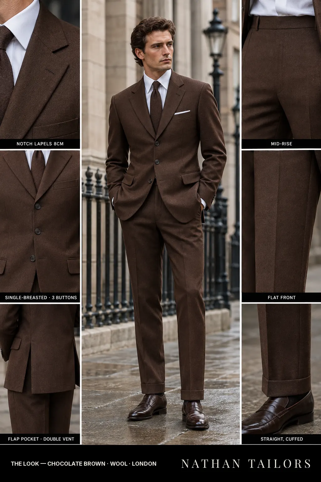 chocolate brown single-breasted bespoke suit โ custom tailored by Nathan Tailors, the Hoi An custom tailor
