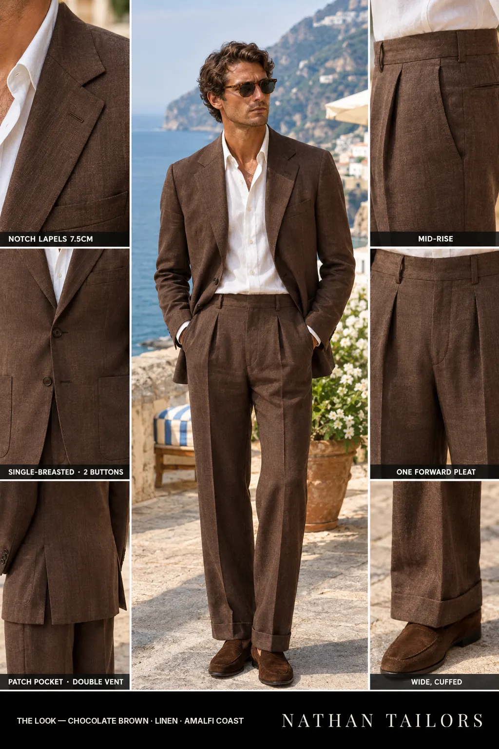 chocolate brown single-breasted notch-lapel bespoke suit โ AI-rendered by Nathan Tailors, the Hoi An custom tailor. Available as a custom tailored suit from $169.