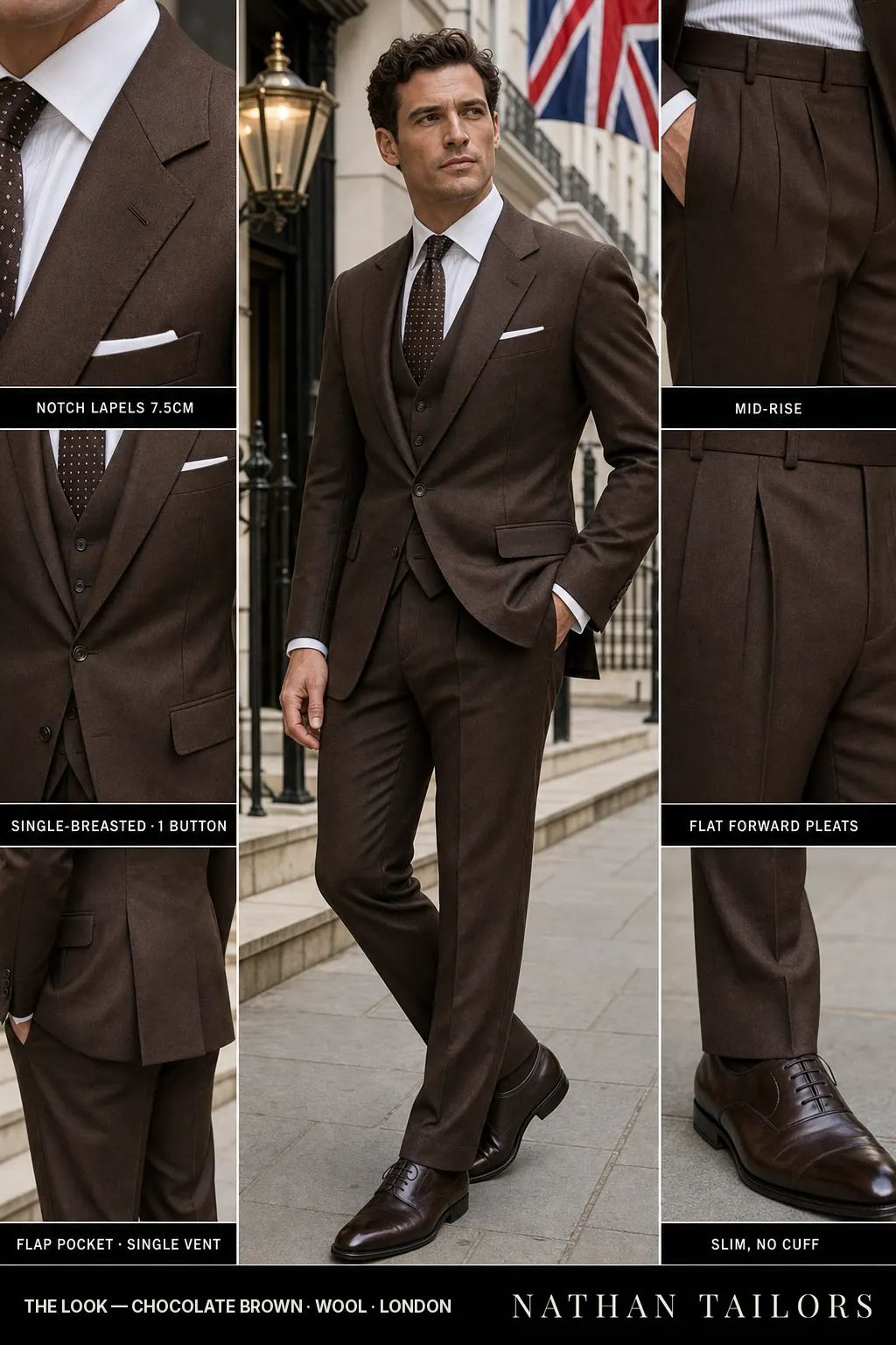 chocolate brown single-breasted notch-lapel bespoke suit โ AI-rendered by Nathan Tailors, the Hoi An custom tailor. Available as a custom tailored suit from $149.