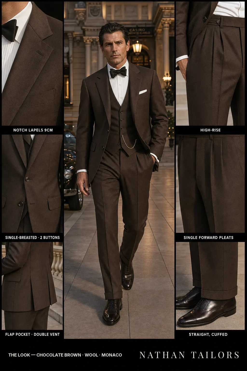 chocolate brown single-breasted notch-lapel bespoke suit โ AI-rendered by Nathan Tailors, the Hoi An custom tailor. Available as a custom tailored suit from $149.