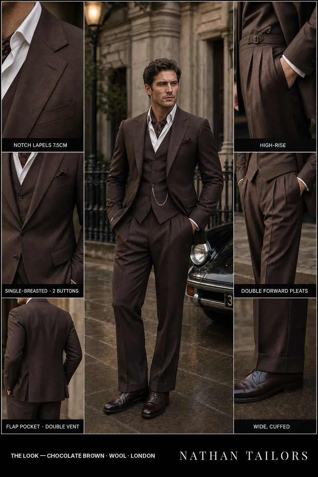 chocolate brown single-breasted notch-lapel bespoke suit โ AI-rendered by Nathan Tailors, the Hoi An custom tailor. Available as a custom tailored suit from $149.
