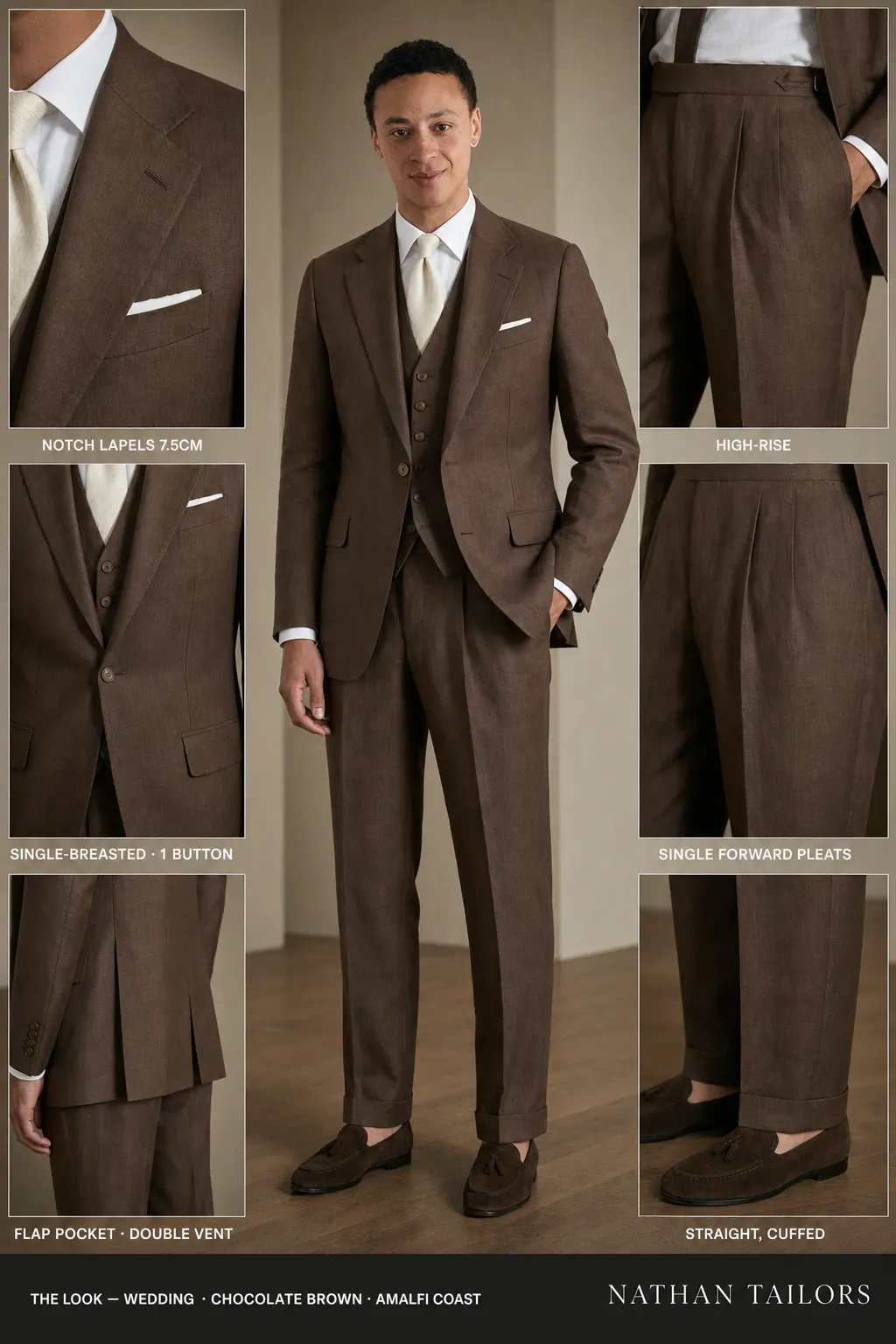 chocolate brown single-breasted notch-lapel bespoke suit — AI-rendered by Nathan Tailors, the Hoi An custom tailor. Available as a custom tailored suit from $149.