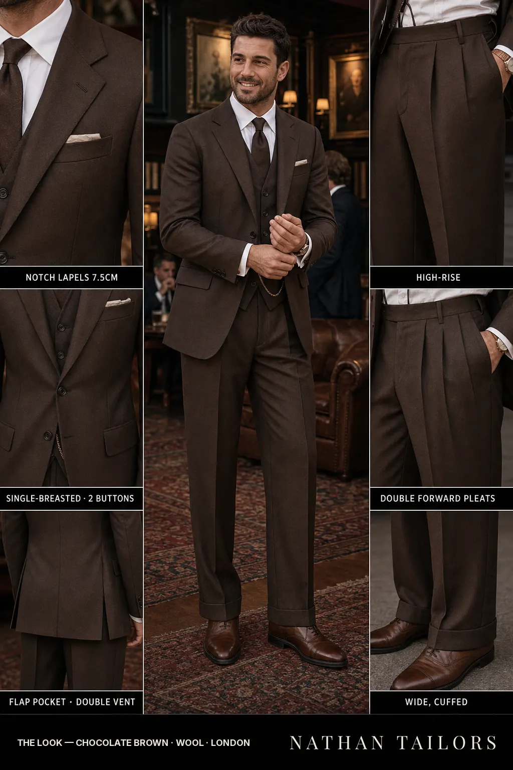 chocolate brown single-breasted notch-lapel bespoke suit — AI-rendered by Nathan Tailors, the Hoi An custom tailor. Available as a custom tailored suit from $149.
