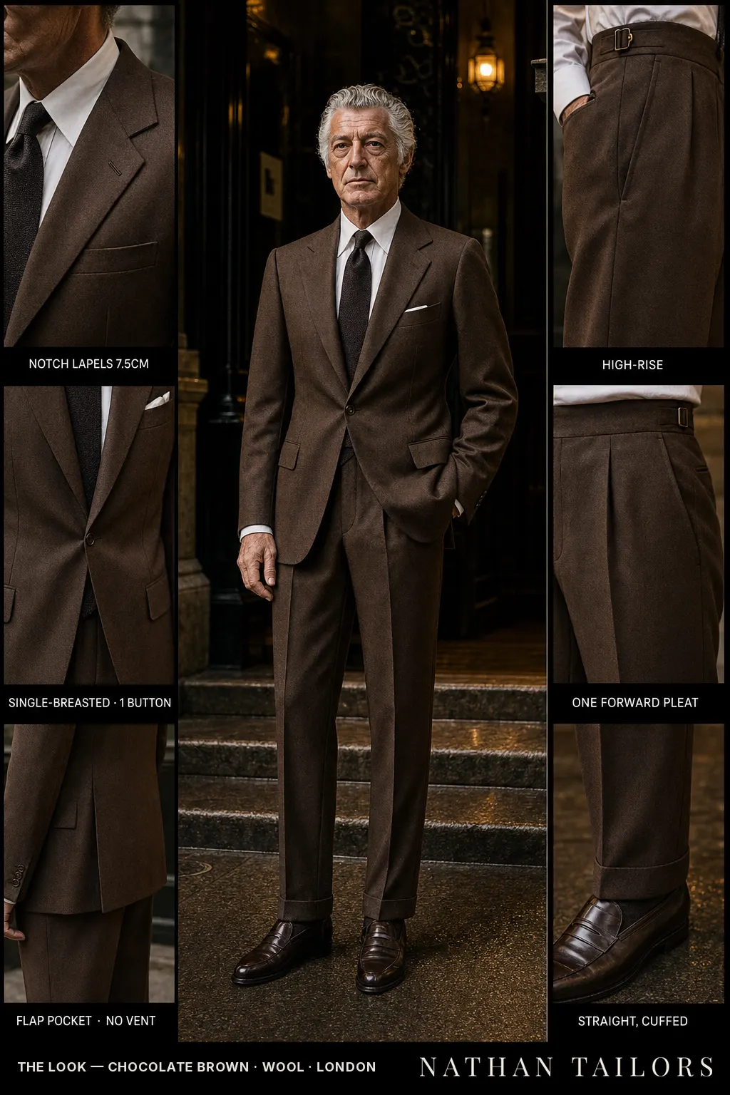 chocolate brown single-breasted notch-lapel bespoke suit — AI-rendered by Nathan Tailors, the Hoi An custom tailor. Available as a custom tailored suit from $149.