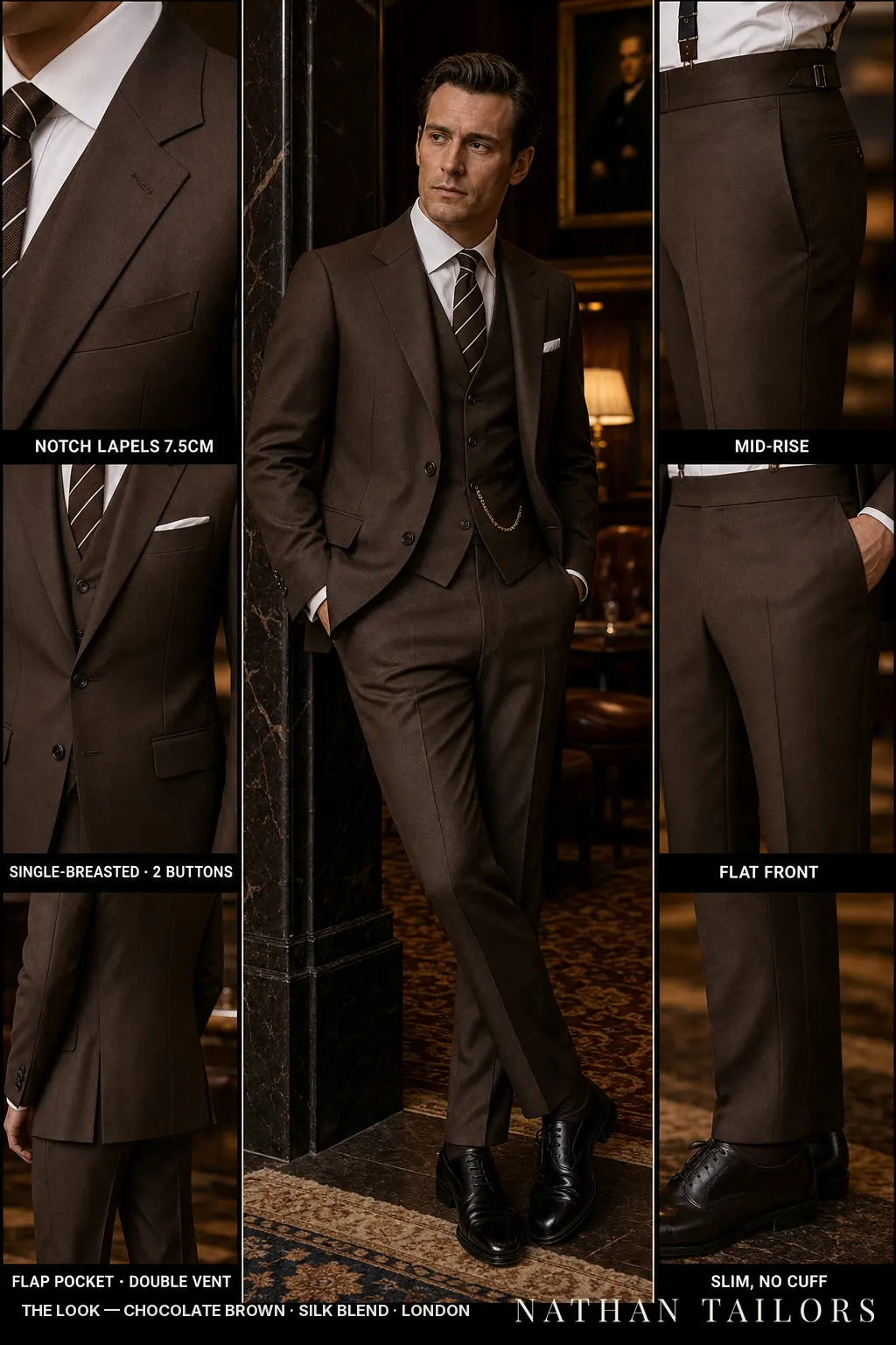 chocolate brown single-breasted notch-lapel bespoke suit — AI-rendered by Nathan Tailors, the Hoi An custom tailor. Available as a custom tailored suit from $149.