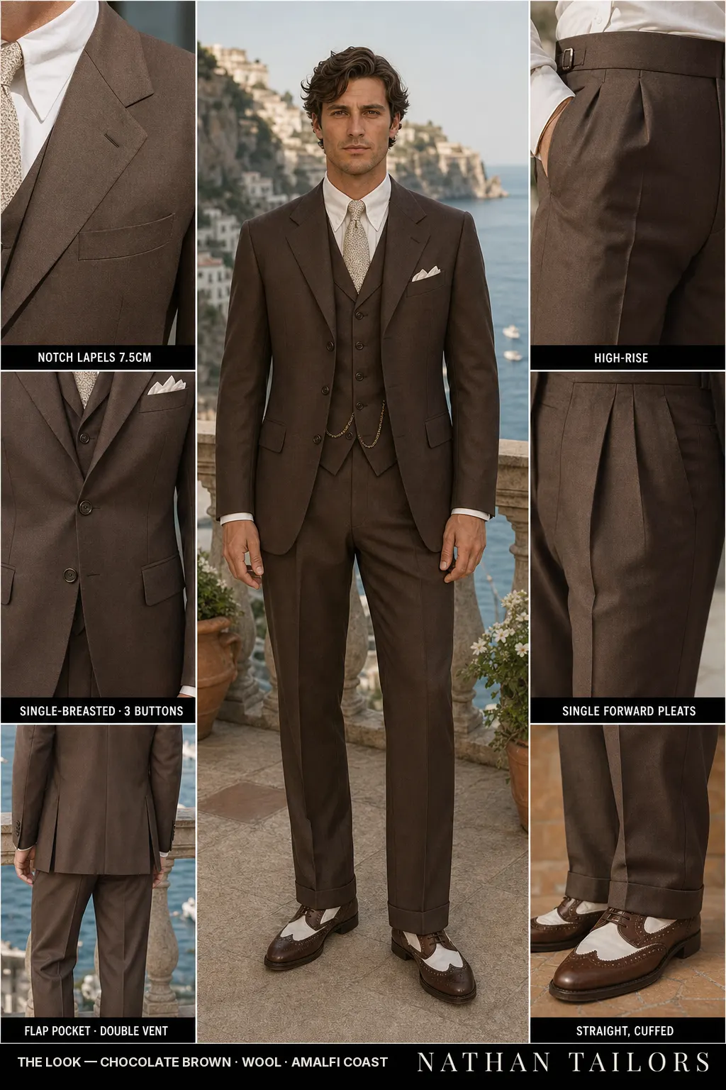 chocolate brown single-breasted notch-lapel bespoke suit — AI-rendered by Nathan Tailors, the Hoi An custom tailor. Available as a custom tailored suit from $149.