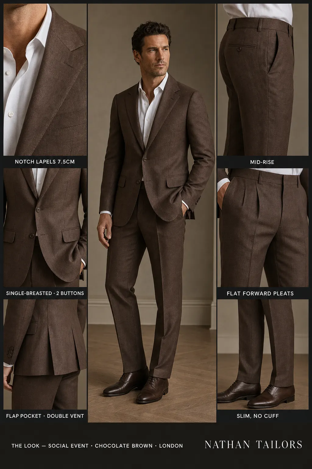 chocolate brown single-breasted notch-lapel bespoke suit — AI-rendered by Nathan Tailors, the Hoi An custom tailor. Available as a custom tailored suit from $149.