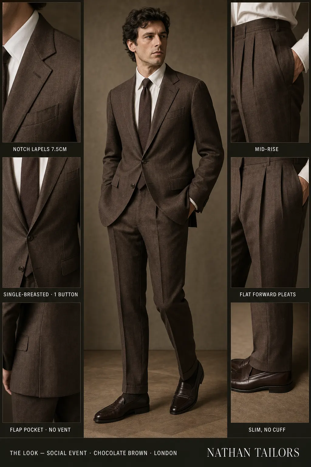 chocolate brown single-breasted notch-lapel bespoke suit โ AI-rendered by Nathan Tailors, the Hoi An custom tailor. Available as a custom tailored suit from $149.