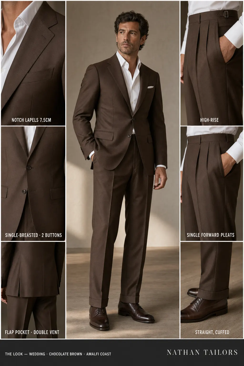 chocolate brown single-breasted notch-lapel bespoke suit โ AI-rendered by Nathan Tailors, the Hoi An custom tailor. Available as a custom tailored suit from $149.