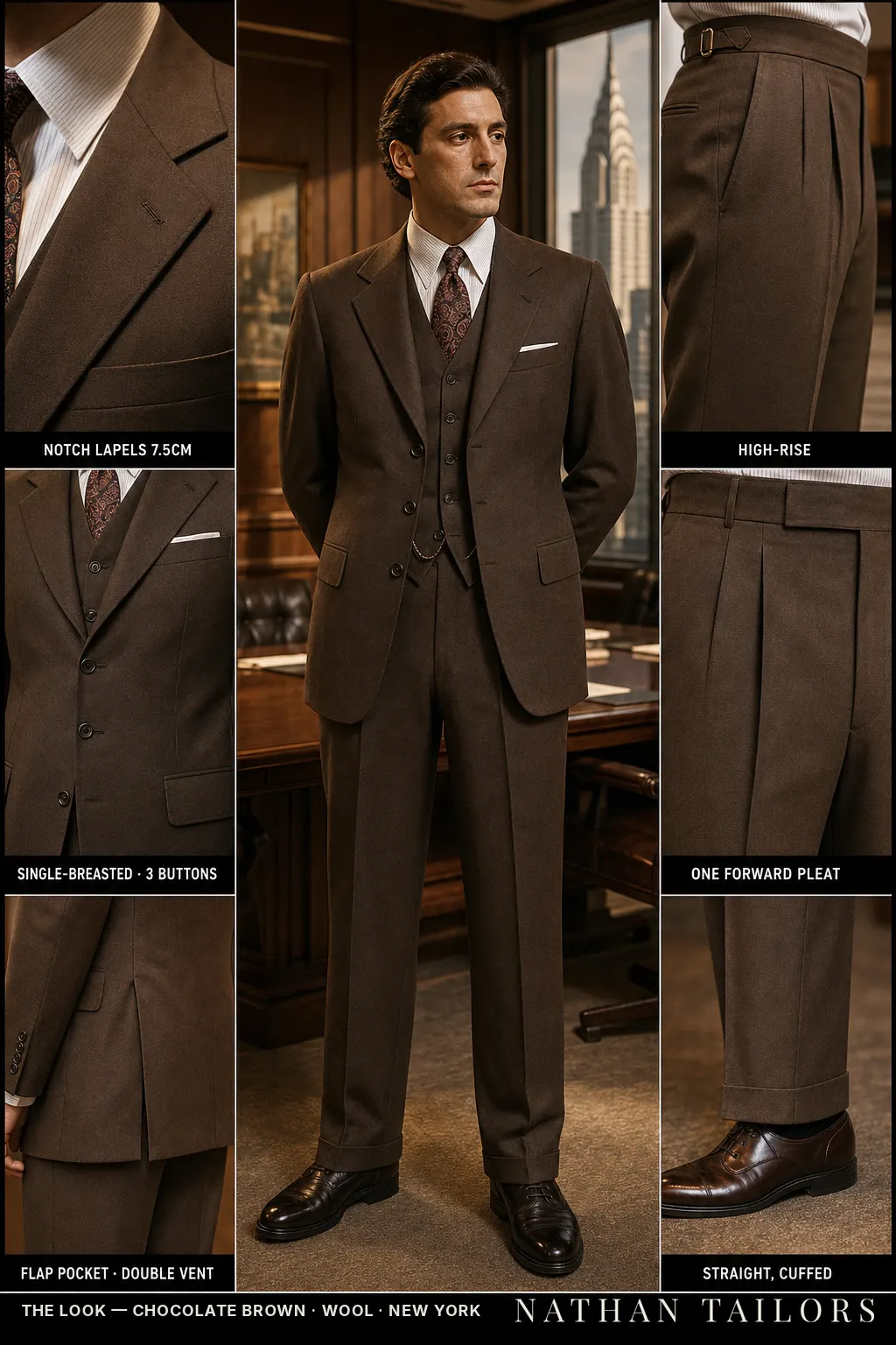 chocolate brown single-breasted notch-lapel bespoke suit — AI-rendered by Nathan Tailors, the Hoi An custom tailor. Available as a custom tailored suit from $149.