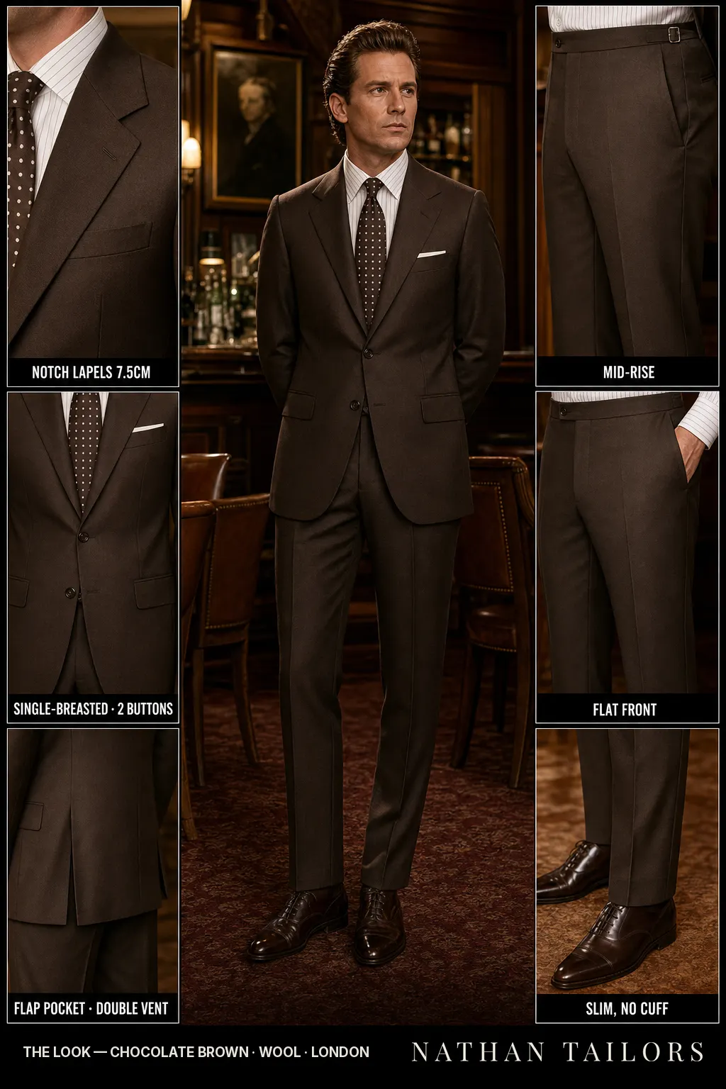 chocolate brown single-breasted notch-lapel bespoke suit — AI-rendered by Nathan Tailors, the Hoi An custom tailor. Available as a custom tailored suit from $149.