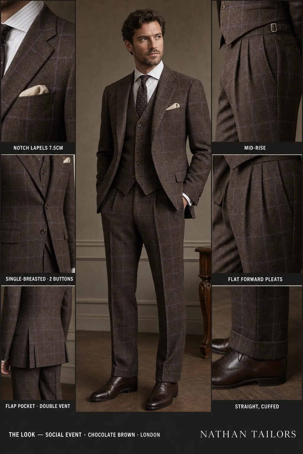 chocolate brown single-breasted notch-lapel bespoke suit — AI-rendered by Nathan Tailors, the Hoi An custom tailor. Available as a custom tailored suit from $149.
