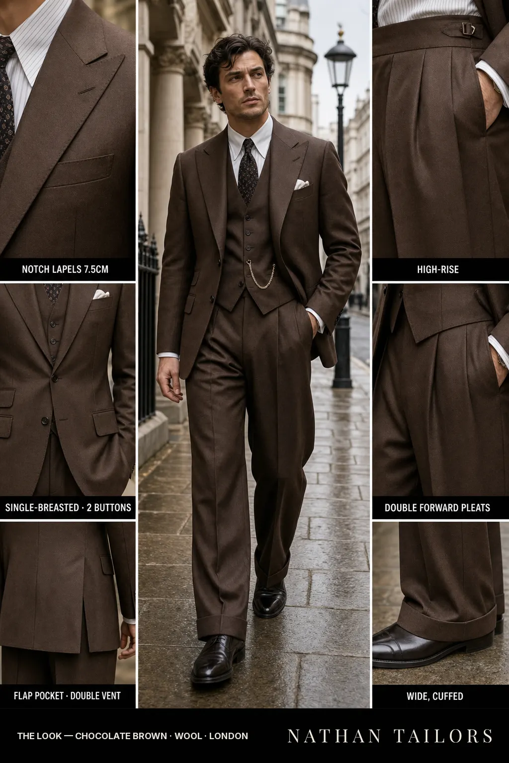 chocolate brown single-breasted notch-lapel bespoke suit — AI-rendered by Nathan Tailors, the Hoi An custom tailor. Available as a custom tailored suit from $149.