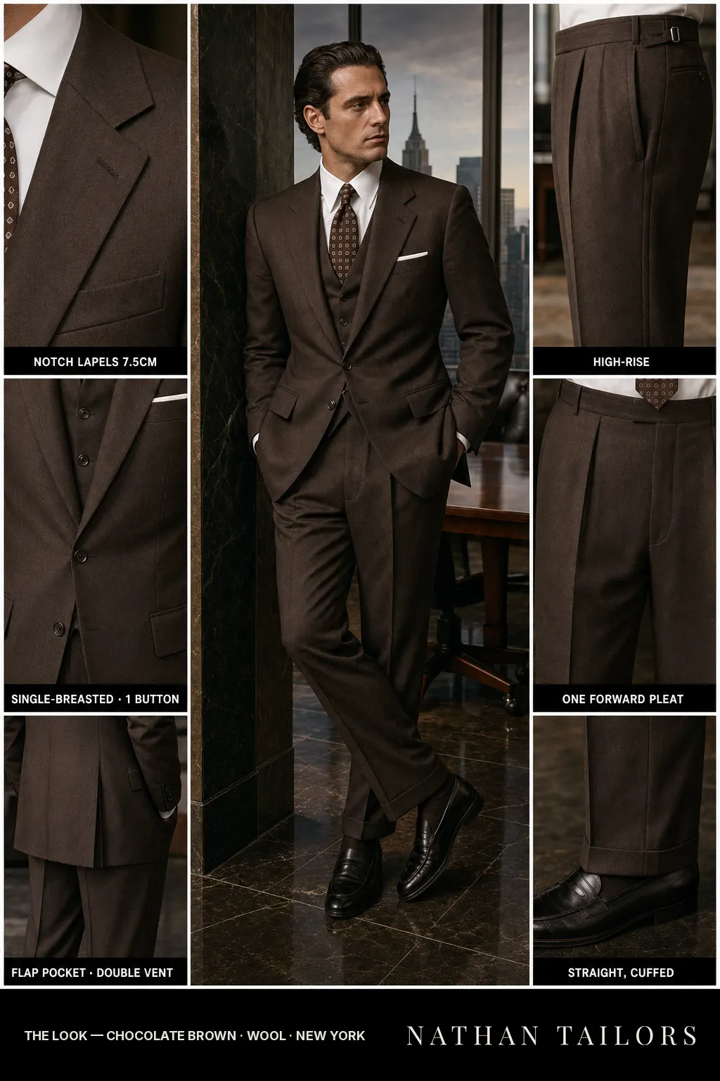 chocolate brown single-breasted notch-lapel bespoke suit — AI-rendered by Nathan Tailors, the Hoi An custom tailor. Available as a custom tailored suit from $149.