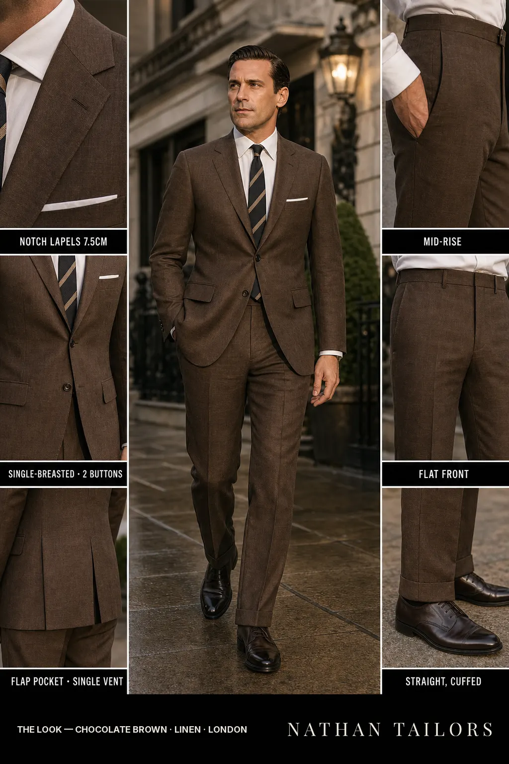 chocolate brown single-breasted notch-lapel bespoke suit — AI-rendered by Nathan Tailors, the Hoi An custom tailor. Available as a custom tailored suit from $149.