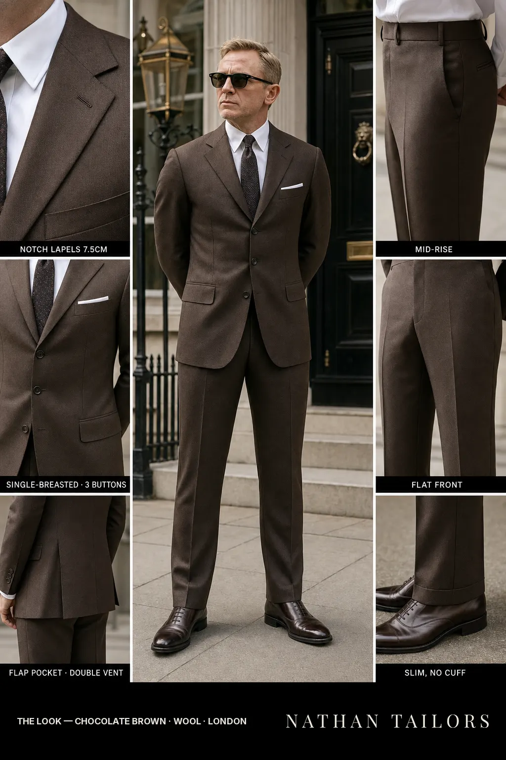 chocolate brown single-breasted notch-lapel bespoke suit — AI-rendered by Nathan Tailors, the Hoi An custom tailor. Available as a custom tailored suit from $149.