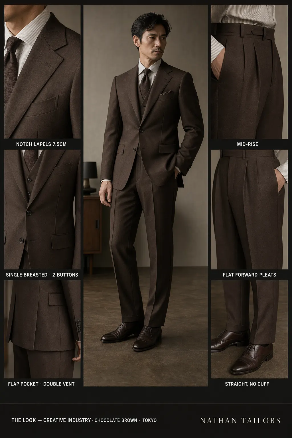 chocolate brown single-breasted notch-lapel bespoke suit โ AI-rendered by Nathan Tailors, the Hoi An custom tailor. Available as a custom tailored suit from $149.