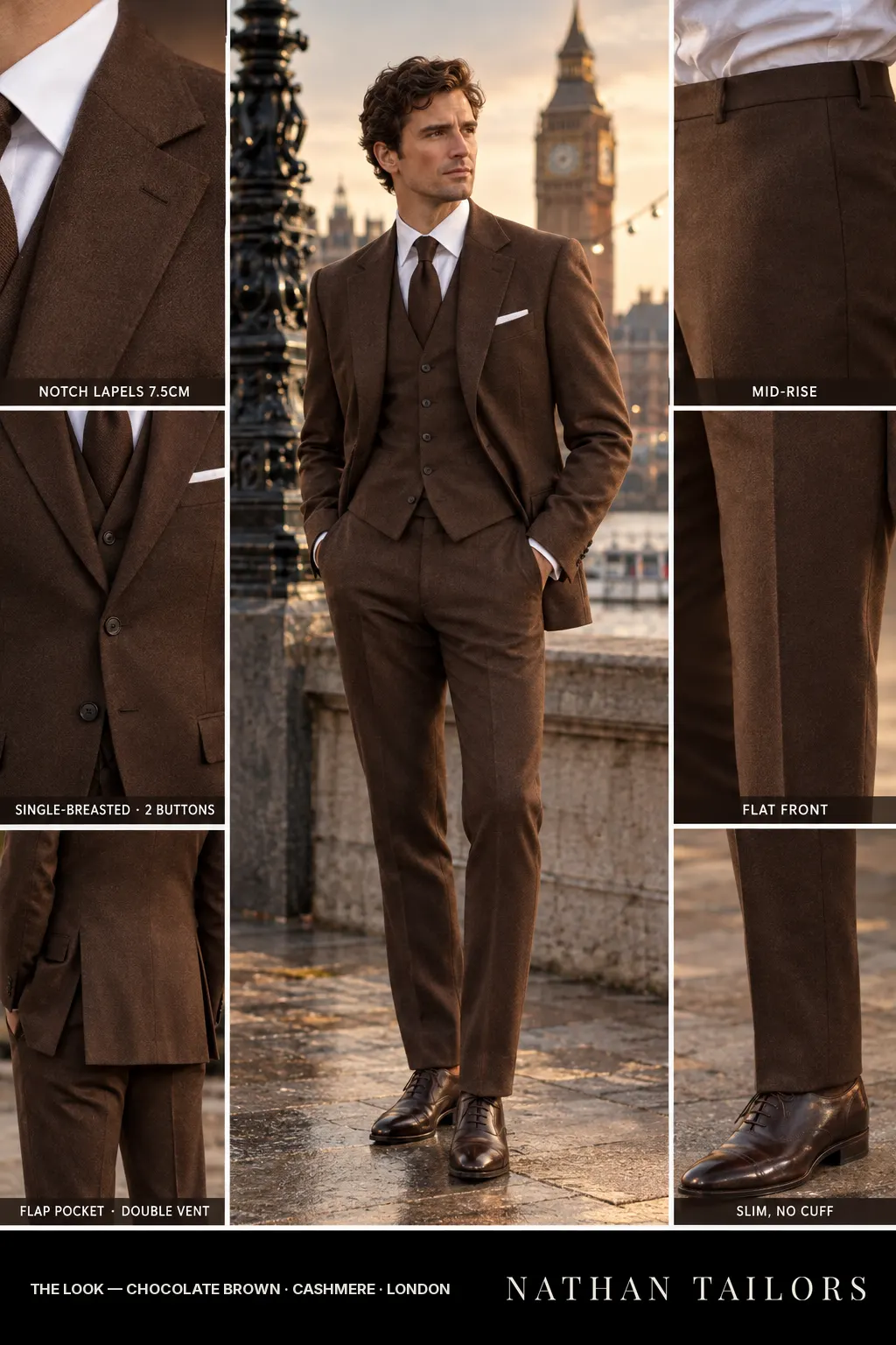 chocolate brown single-breasted bespoke suit — custom tailored by Nathan Tailors, the Hoi An custom tailor