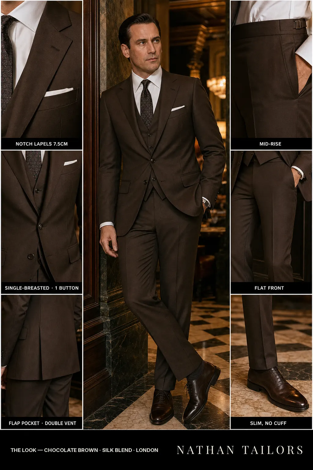 chocolate brown single-breasted notch-lapel bespoke suit — AI-rendered by Nathan Tailors, the Hoi An custom tailor. Available as a custom tailored suit from $149.
